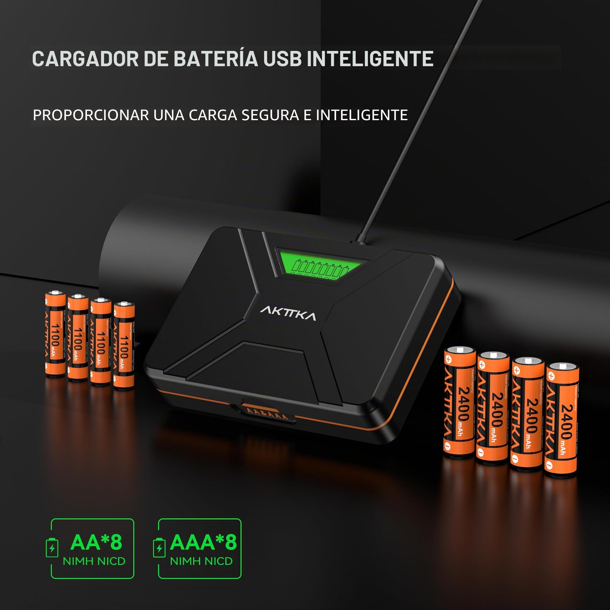 Cargador de Pilas de 8 Ranuras, con 4 Pilas Recargables AA de 2400 mAh y 4 Pilas AAA 1100 mAh Ni-MH 1,2 V, con Cable de Carga Tipo C