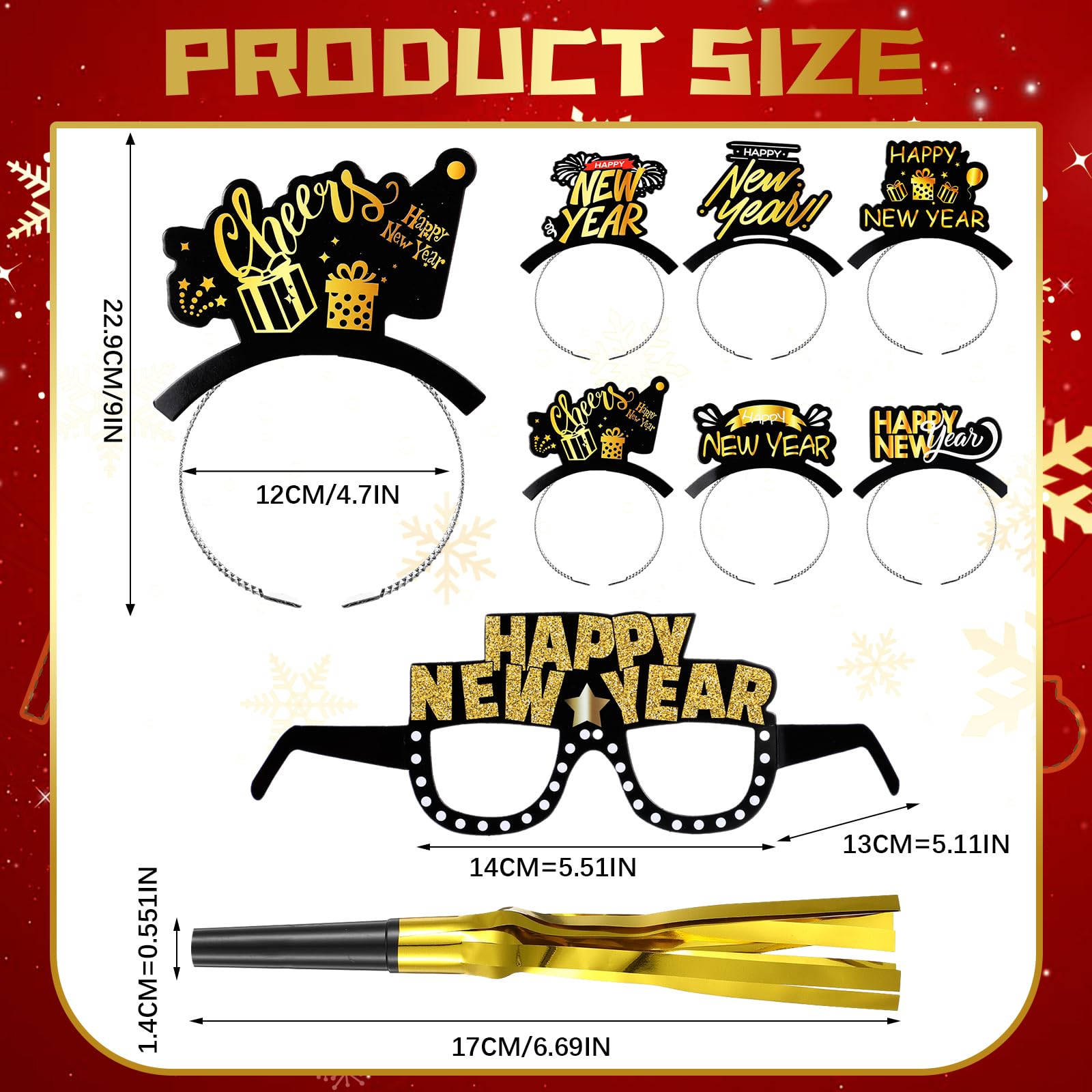 Crowye 24 Pcs New Years Eve Party Supply 2025, Include 6 Happy New Year Headband 6 Eyeglasses and 12 Metallic Fringed Noise Makers(Cute)