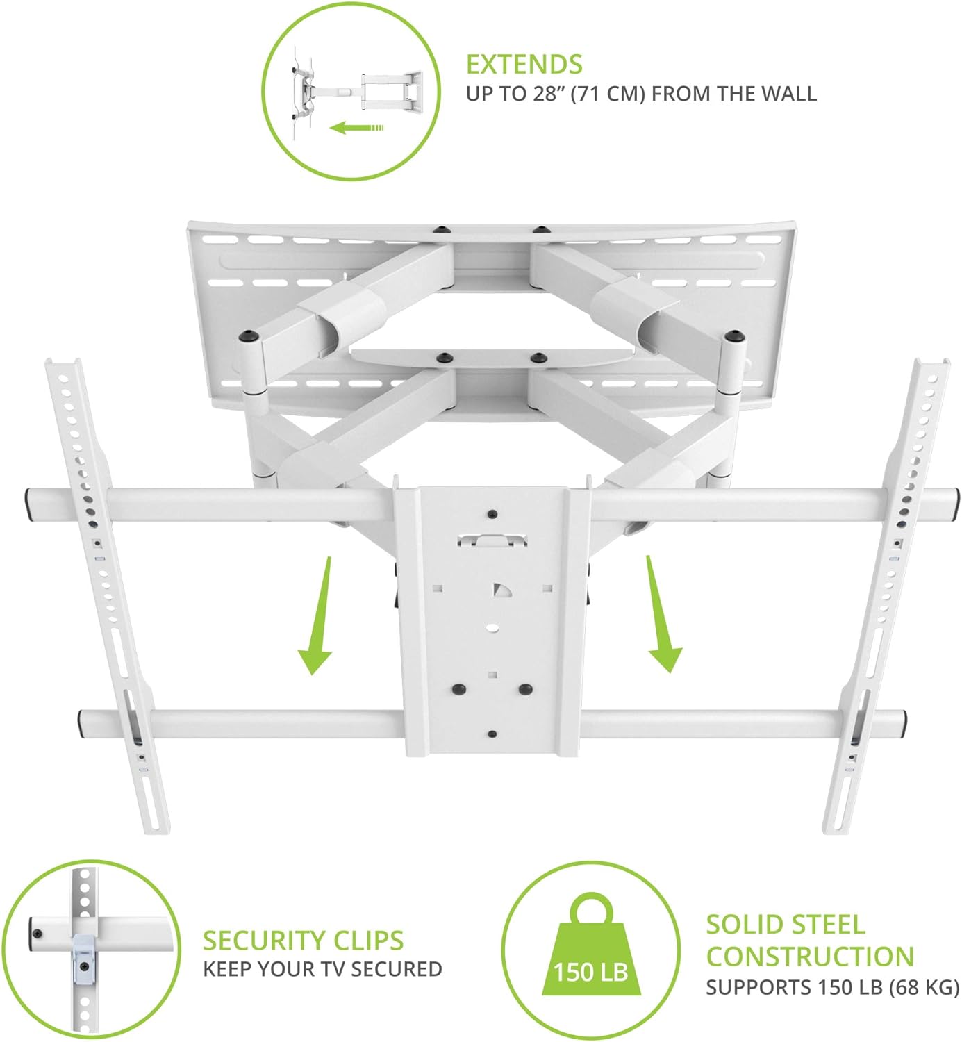 Kanto FMX3W Full Motion Articulating TV Mount for 40 to 90 inch TVs | Supports up to 150 lb (68 kg) | Up to 28" Extension | +15° to -5° Tilt | 88° Swivel | White