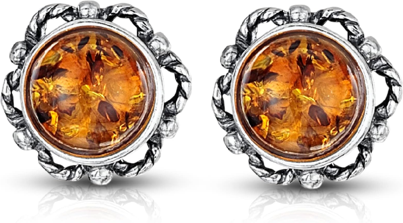 Amberta 925 Sterling Silver with Baltic Amber Gem Stone - Bloom Button Ball Stud Earrings