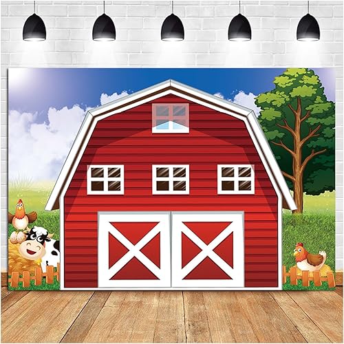 Telón de fondo de fotografía de granja de dibujos animados de 7 x 5 pies, animales rojos, rústico, granero rojo, fondo para fotos de granero rojo