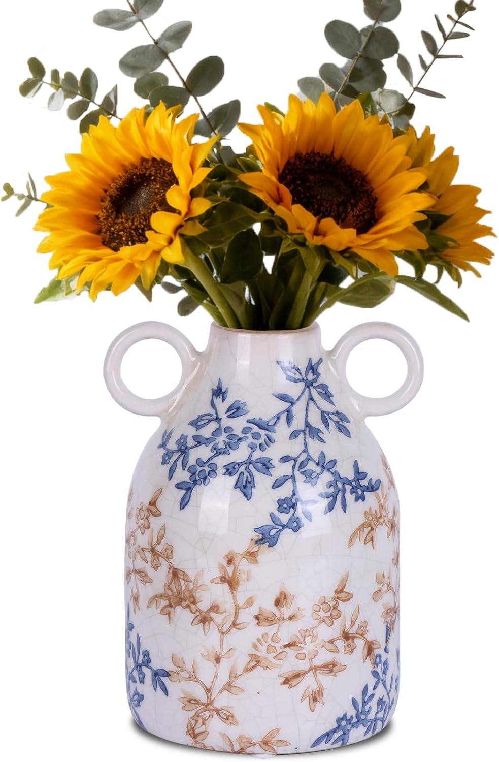 Vintage Blue Floral Ceramic Vase with Handles – French Country Crackle Glaze Jug Flower Vase for Farmhouse Living Room, Dining Table Centerpiece, or Bedroom Decor (Blue Floral)