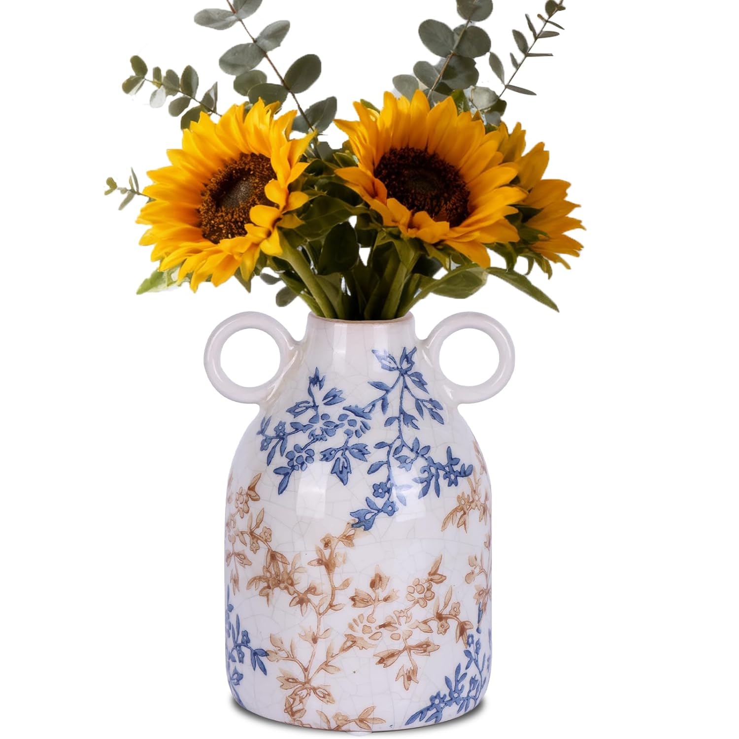 Vintage Blue Floral Ceramic Vase with Handles