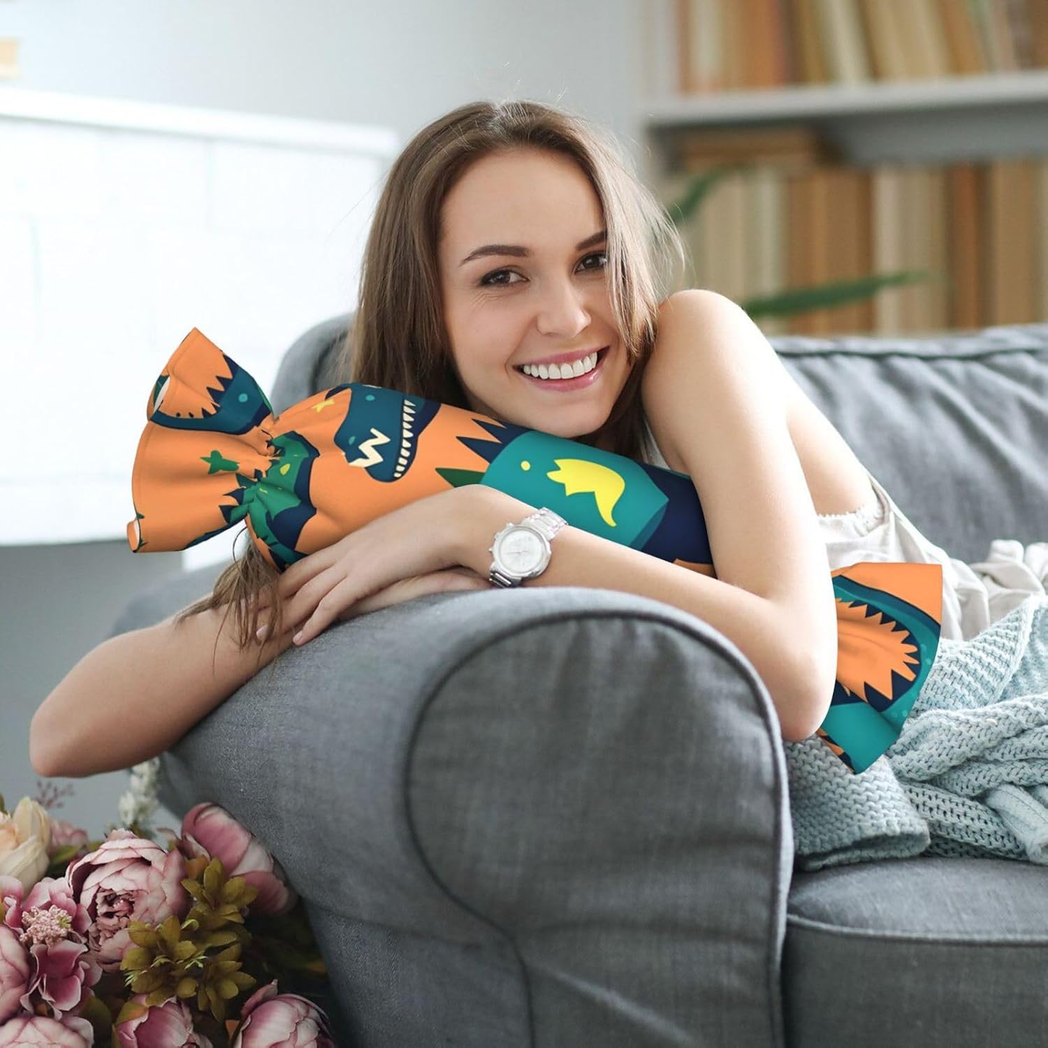 Dinosaur Print Candy Cylindrical Comfortable Pillow Throw Pillows Home Decor Easy Maintenance
