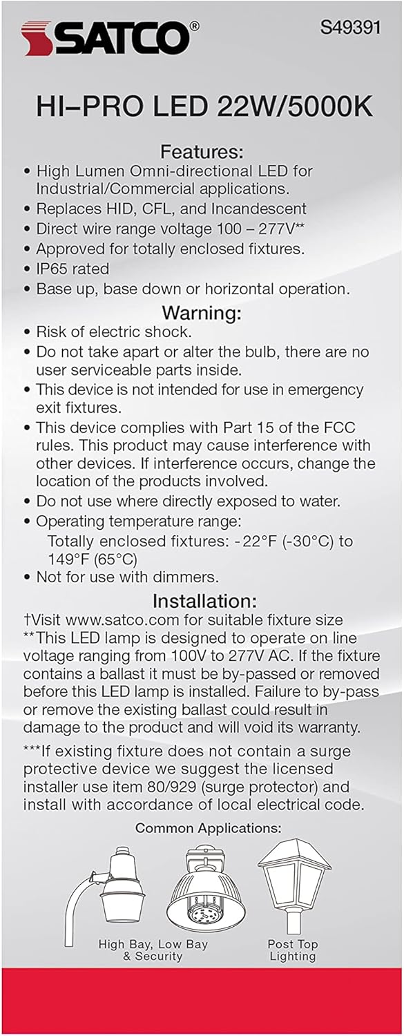 Satco S49391-22 Watt HI Pro LED HID Replacement Corn Cob Bulb - 5000K - Type B Ballast Bypass - Economy Hi-Pro