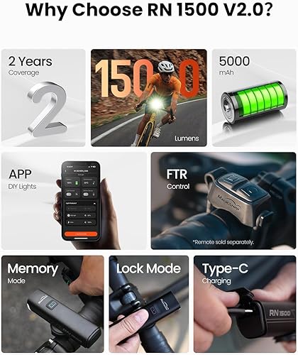 Miniatura 3 de Magicshine RN1500 V2.0 1500Lumen Luz inteligente para bicicleta, USB-C recargable IPX7 impermeable luz delantera de ciclismo para carretera urbana