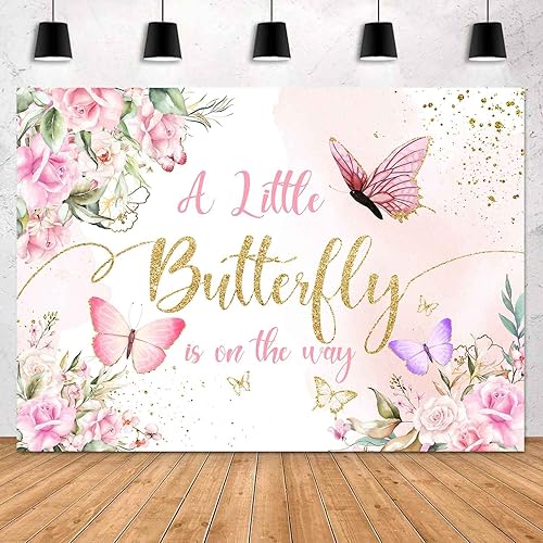 Sensfun Telón de fondo de mariposa para baby shower con texto en inglés "A Little Butterfly is on the Way" (La pequeña mariposa está en camino),