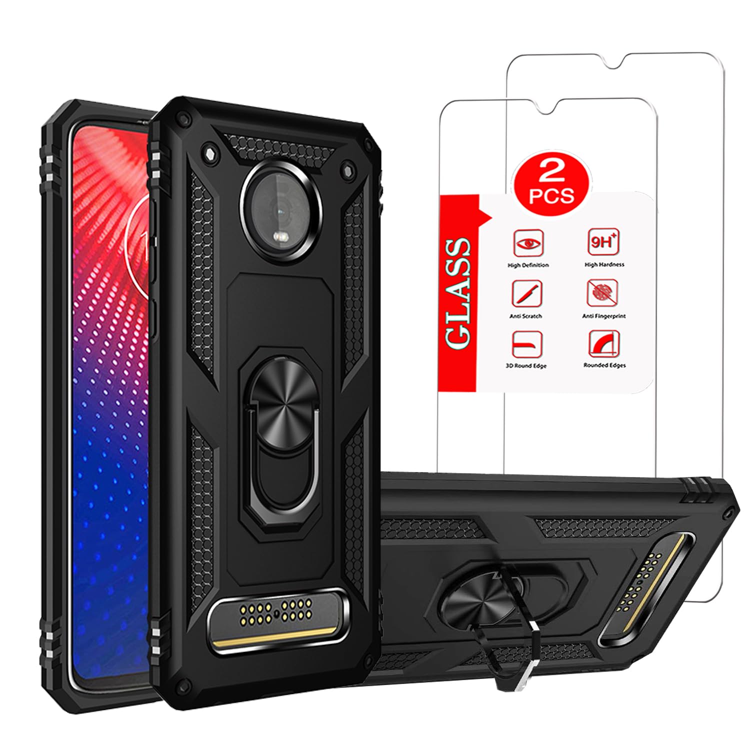 for Motorola Moto Z4 / Z4 Play Case with [2 Pack] Glass Screen Protector, for Moto Z4 Play Case Heavy Duty Shockproof Armor [Military-Grade] Protective，with Magnetic Ring Stand Phone Cover Black