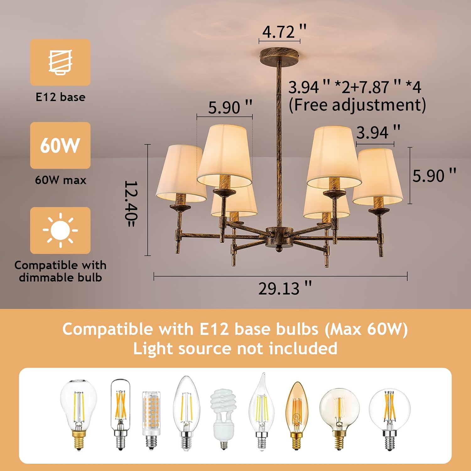 Fabric Chandelier with Shades 6 Light Ceiling Light Fixture with Linen Bronze Farmhouse Pendant Lights for Bedroom Kitchen Dining Room Living Room Foyer