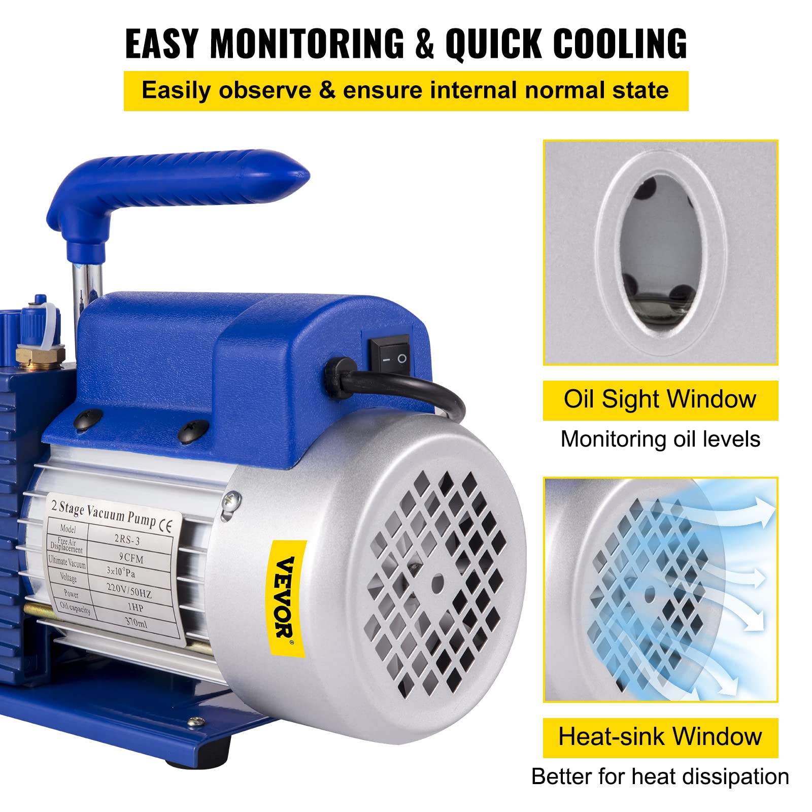 VEVOR 9 CFM Vakuumpumpe 1 HP 2-stufig Vakuumpumpe mit Ölfenster und intelligentem Kühler, eignet Sich für Haushaltsklimatisierung, Kfz-Wartung, Vakuumverpackung, Kühlschrankvakuum, Industrie usw