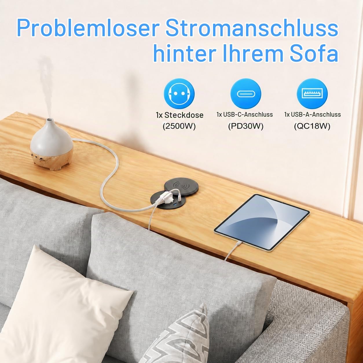 Einbausteckdose mit USB-C PD 30W und 15W Qi-Laden, Ø80 mm