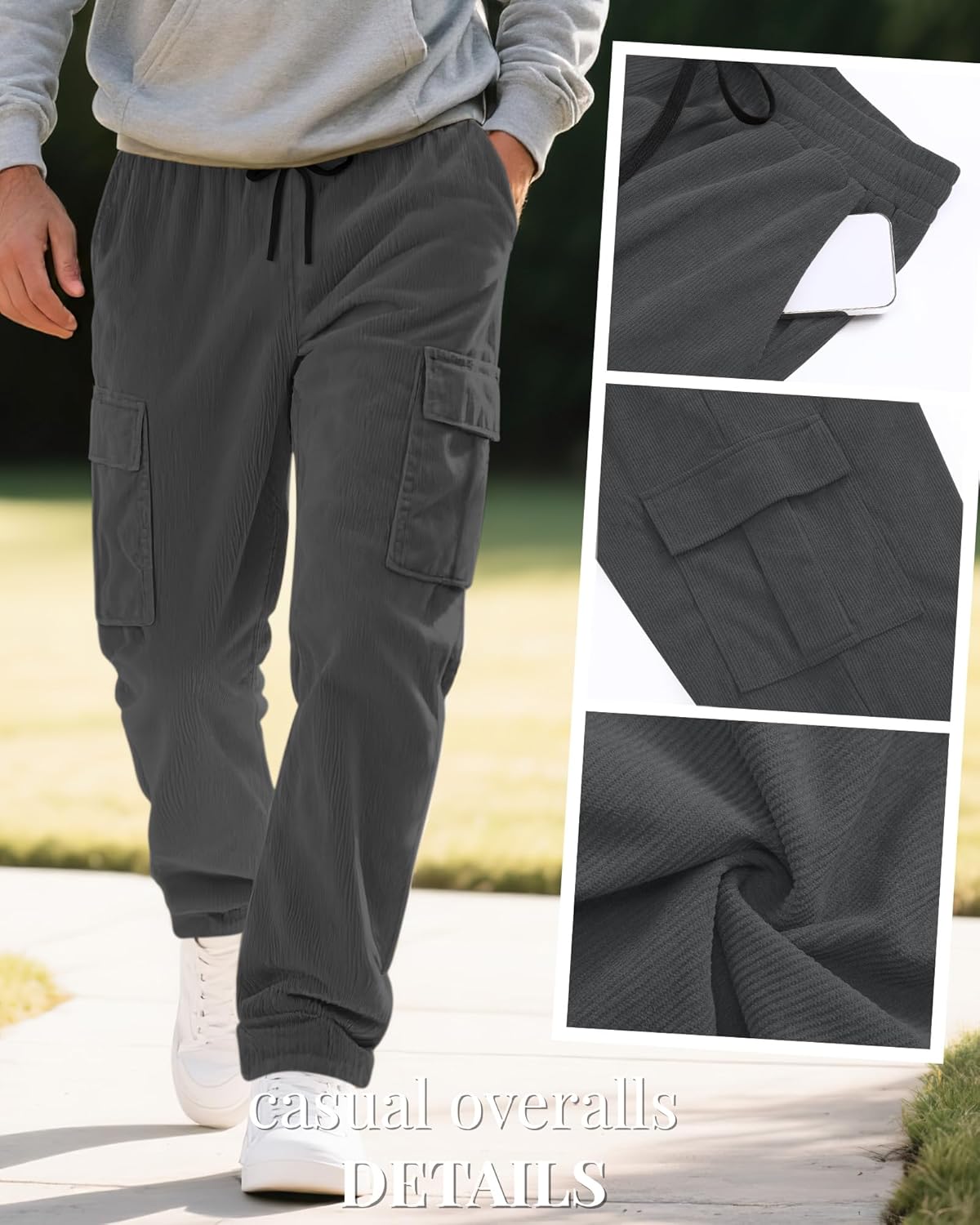 Men's Corduroy Cargo Pants Drawstring Elastic Waist Baggy Sweatpants Casual Loose Fit Wide Leg Pant with Pockets - Image 3