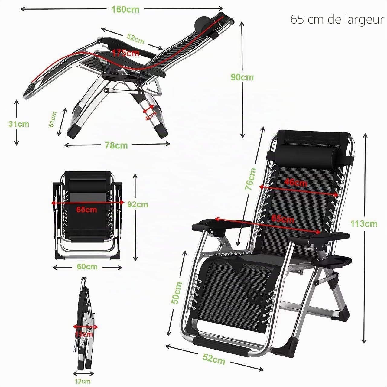 Chaise Longue Pliante Gravité Zéro avec Coussin Amovible & Appui-Tête Réglable, Cadre Acier Anti-Humidité, 65cm, Charge 200kg, Sac & Plateau Latéral Inclus, pour Jardin et Balcon, Noir*2