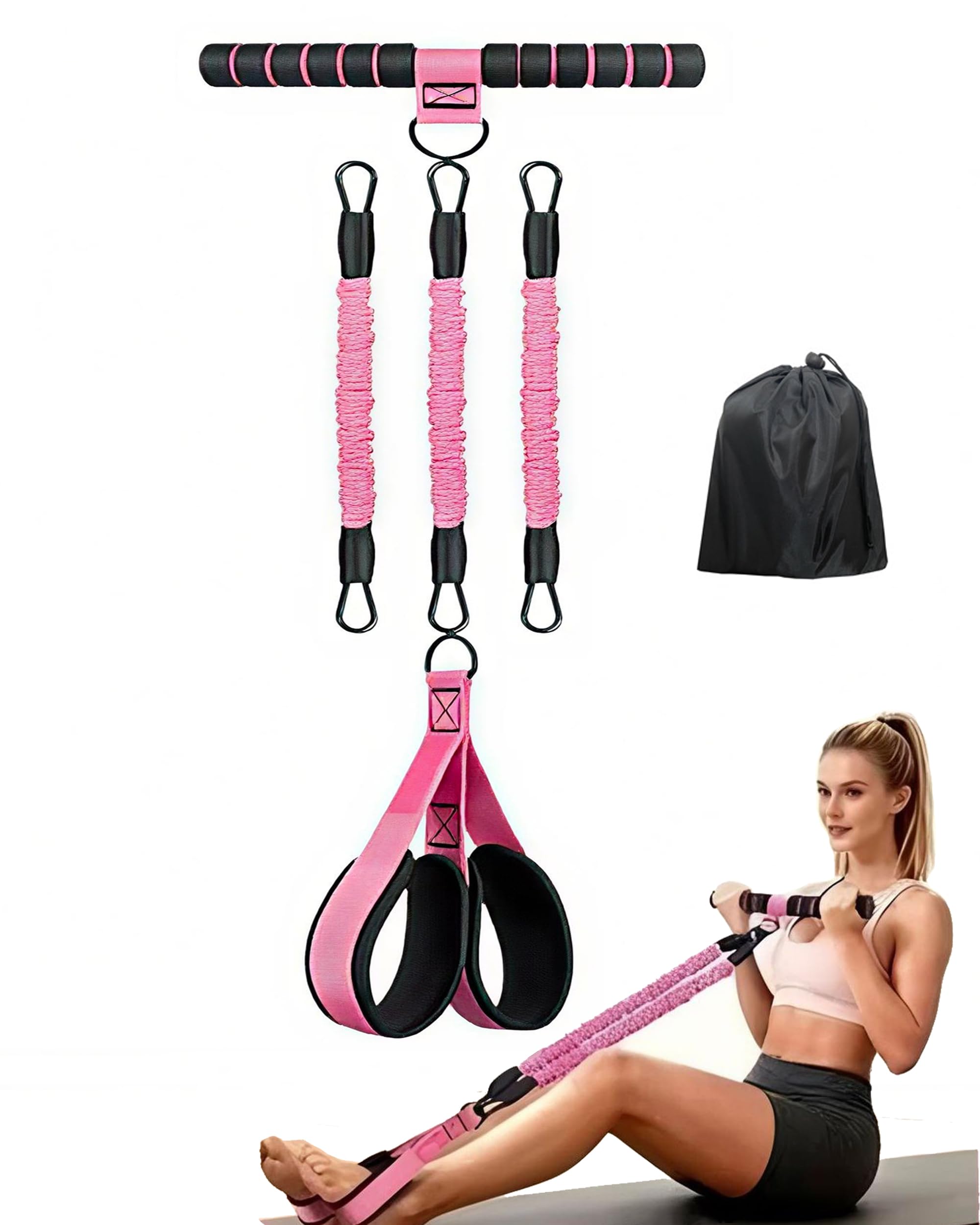 Upgraded Multifunctional Pedal Resistance Band with Handles, 3-Level Adjustable, Home Fitness Gear for Abdominal, Core, Arm & Leg Training, Pilates and Full-Body Strength Workout (black pink)
