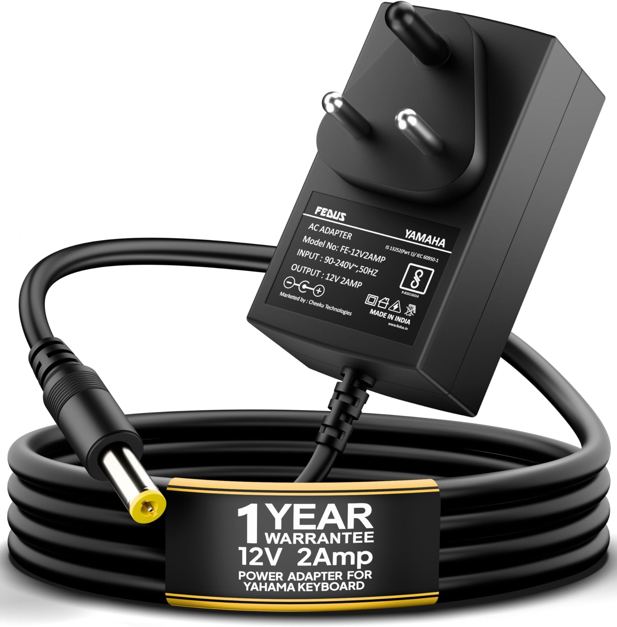 Fedus 12V 2A Ac Power Supply Long Cord Charging Adapter for Yamaha Psr, YPG, Ypt, Dgx, Dd, Ez and P Digital Piano and Portable Keyboard Series, Replacement Pa-130 Pa-130B (3 Meter, Black)