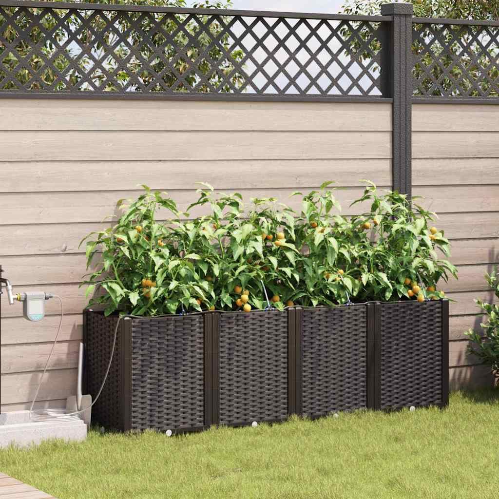 Lot de 4 pots de fleurs de jardin avec système d'auto-irrigation, pot de fleurs en plastique marron pour l'extérieur, design moderne pour terrasse et jardin, jardinière pratique