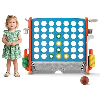 COSTWAY 4 in 1 Four Wins Large Jumbo 4 Wins with Ring Toss Basketball Hoop & Golf Game Four in a Row Game XXL Including Drink Holder Mesh Compartment & Carry Bag for Children and Adults Orange