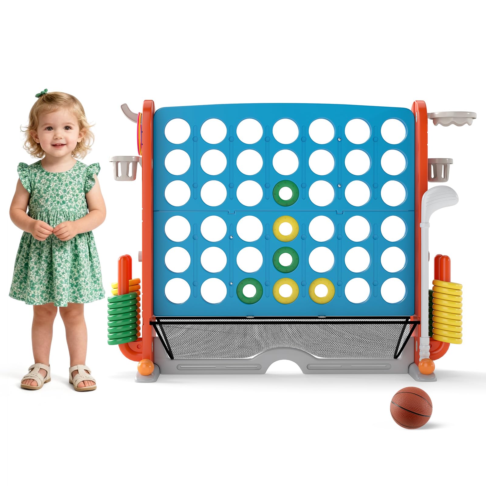 FANTASK 4 en 1 Juego Gigante de Cuatro Ganancias, XXL, con Tiro, Canasta de Baloncesto y Juego de Golf, Juego de jardín con Soporte para Bebidas, Bolsillo de Red y Bolsa de Transporte, para niños y