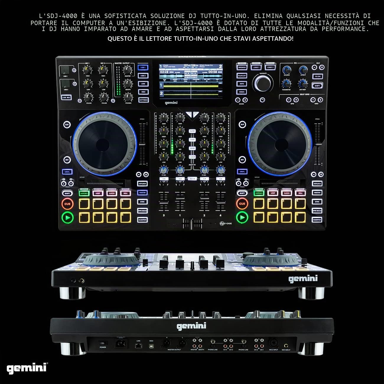 Gemini Sound SDJ-4000 Standalone, MIDI Controller DJ Attrezzature Consolle Tavolo con 2 Ponti, Miscelatore Audio a 4 Canali, Ruote Jog Capacitive Touch e Schermo da 7 "Pollici HD Schermo