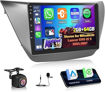 [2G+64G] Volxcereo Car Radio for Mitsubishi Lancer Evolution IX 9 2002 2003 2004 2005 2006 2007, 9 inch Android Touchscreen Stereo with Carplay & Android Auto, GPS, WiFi, Bluetooth, SWC, FM/RDS