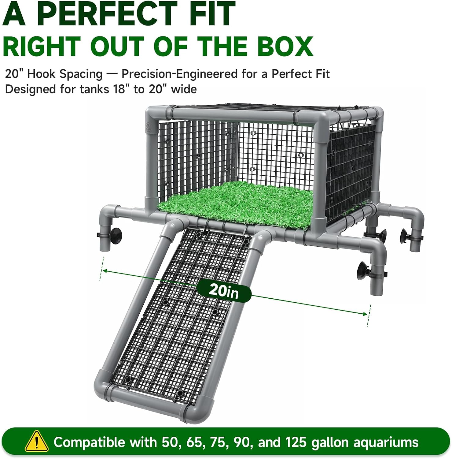 Large Turtle Basking Platform Above Tank with Non-Slip Ramp | Artificial Grass Dry Loft, Fits 75/90/125 Gal Tank 18-20" Wide, Aquatic Turtle Accessories for Basking and Resting
