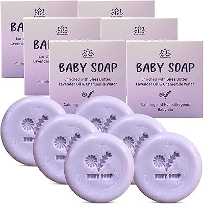 Relaxcation Calming Baby Soap Bar with Lavender Essential Oils, Organic Chamomile Water and Shea Butter - Naturally Cold Processed in USA - Calming and Moisturizing for Newborns, babys, Kids (6-pack)
