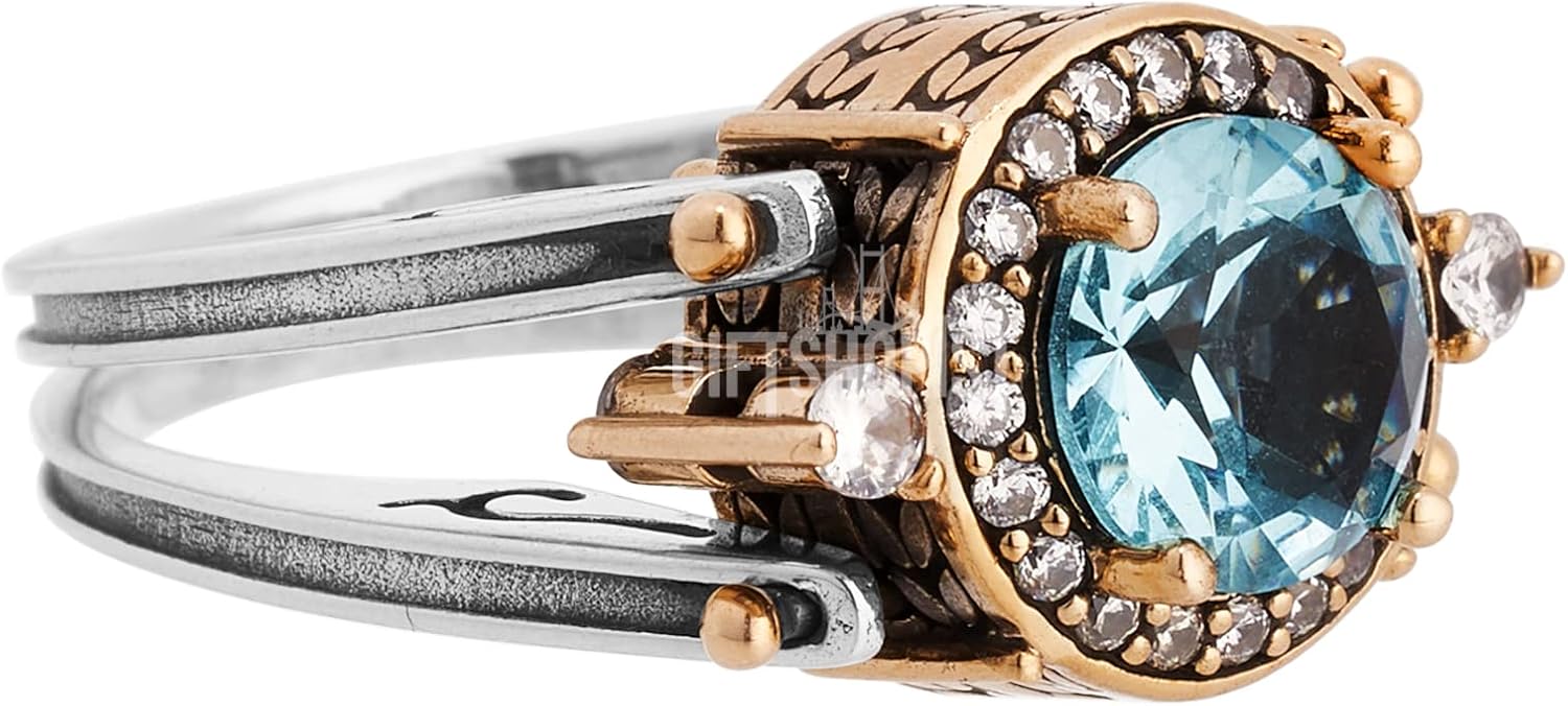 Turkish Handmade Jewelry Reversible 2 rings in 1 ring Round Cut London Blue and Black Round Cut Topaz 925 Sterling Silver Ring Size All