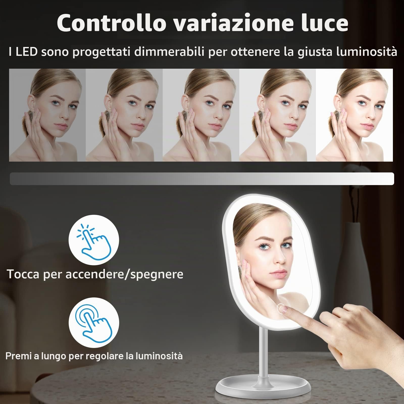 Specchio da trucco a LED, specchio ingrandente 5X staccabile, regolazione di illuminazione intelligente und ricarica USB, specchio da tavolo pieghevole a 180 °, regalo perfetto per un amico