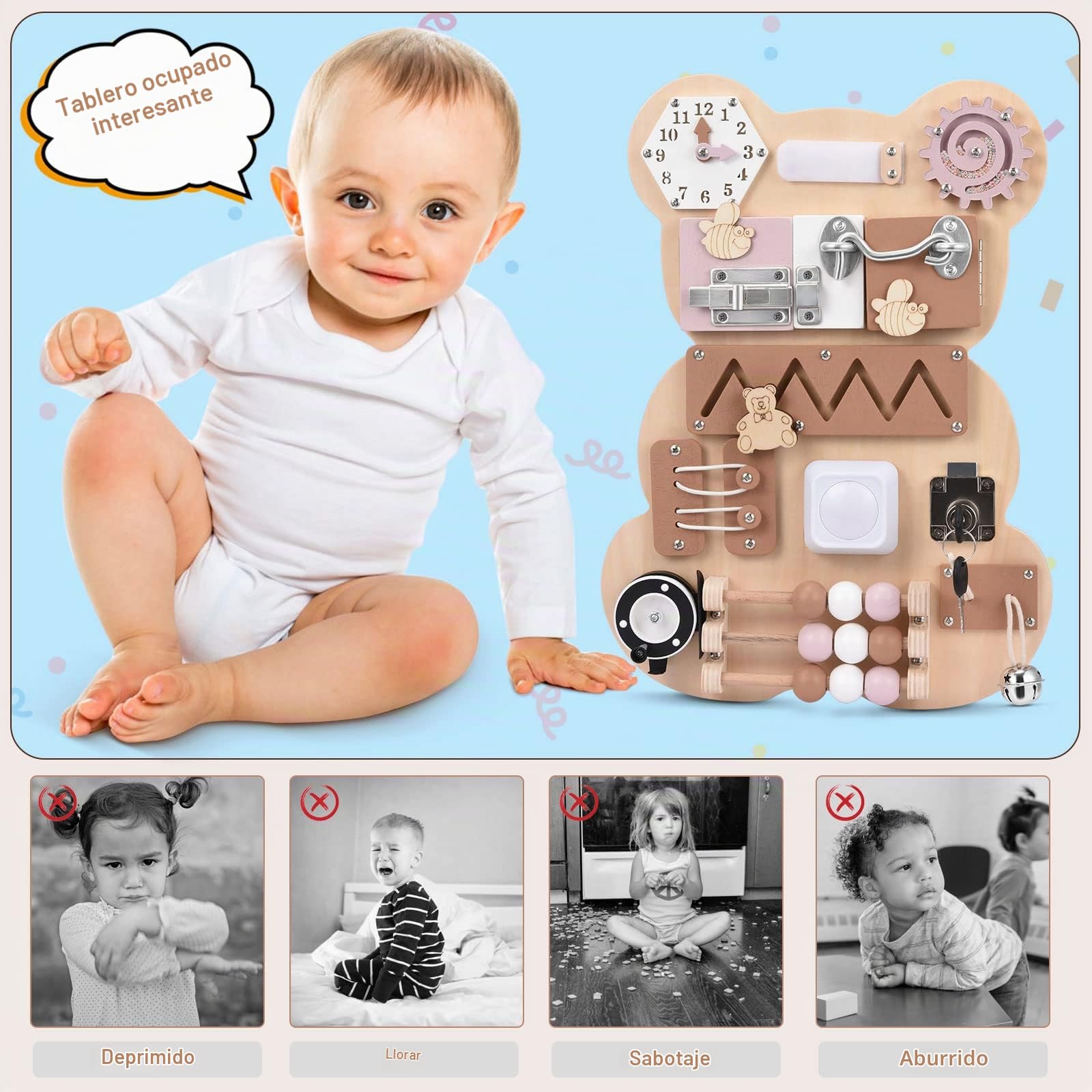 Busy Board Tablero Ocupado Montessori Tablero de Actividades sensoriales Juguetes de Madera para niños pequeños