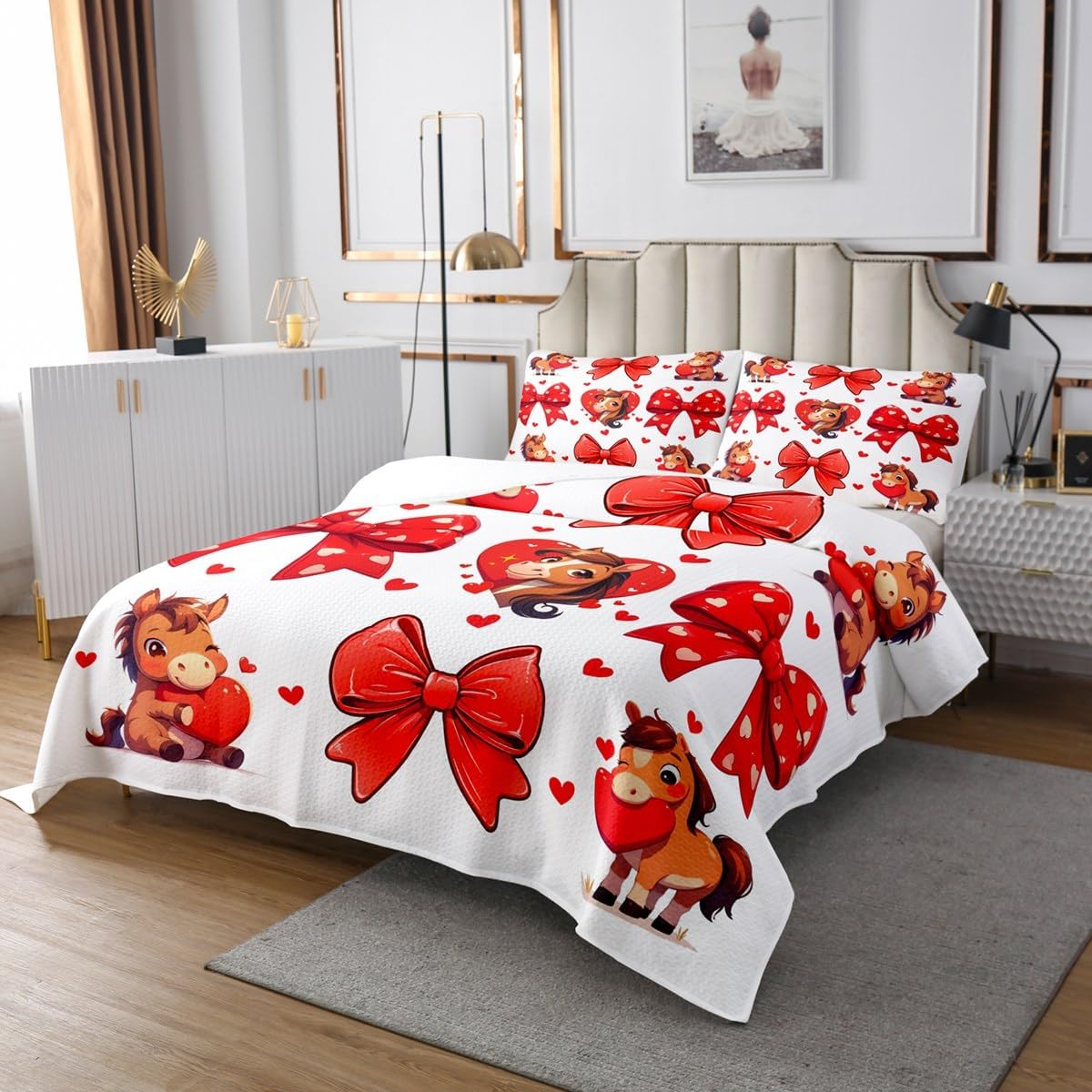 Erosebridal Cute Horse Bow Bedspread Sets Queen Size,Kawaii Bowknot Animal Coverlet Set,Cartoon Farm Animal Bowtie Bed Set,Rustic Farmhouse Style Decor for Horse Lover