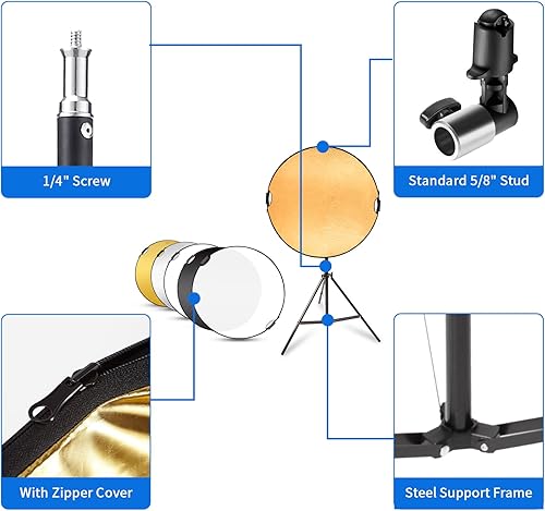 Miniatura 3 de Selens Kit de soporte reflector redondo con mango para fotografía, iluminación plegable 5 en 1 de 32 pulgadas con soporte de luz de 6.5 pies, bolsa