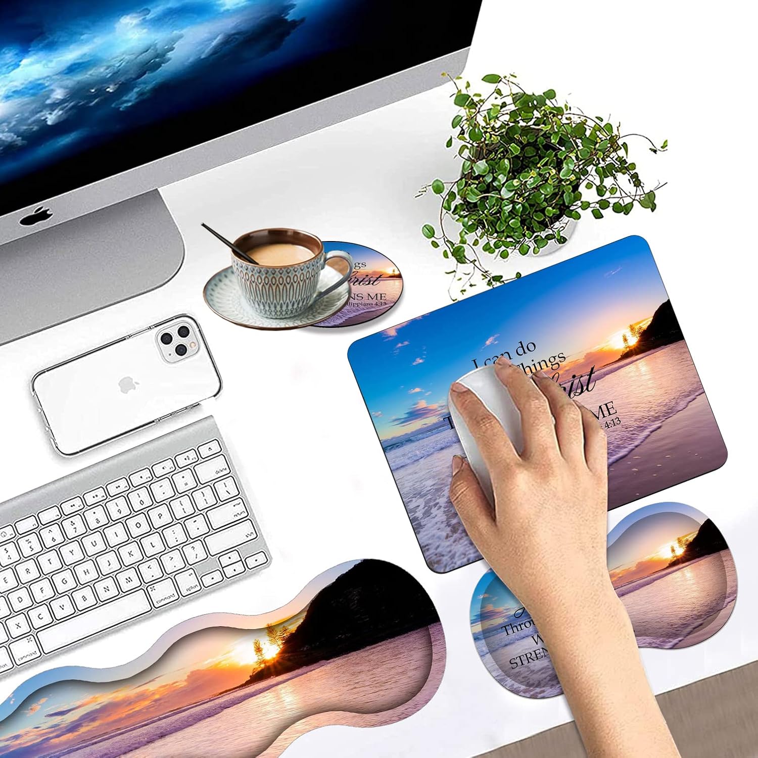 Keyboard Wrist Rest Pad + Mouse Wrist Rest Pad +Mouse Pad + Coaster + Hook Set, Ergonomic Wrist Pain Relief Anti-Slip Mouse Pad for Home and Office, Beach Philippians 4-13