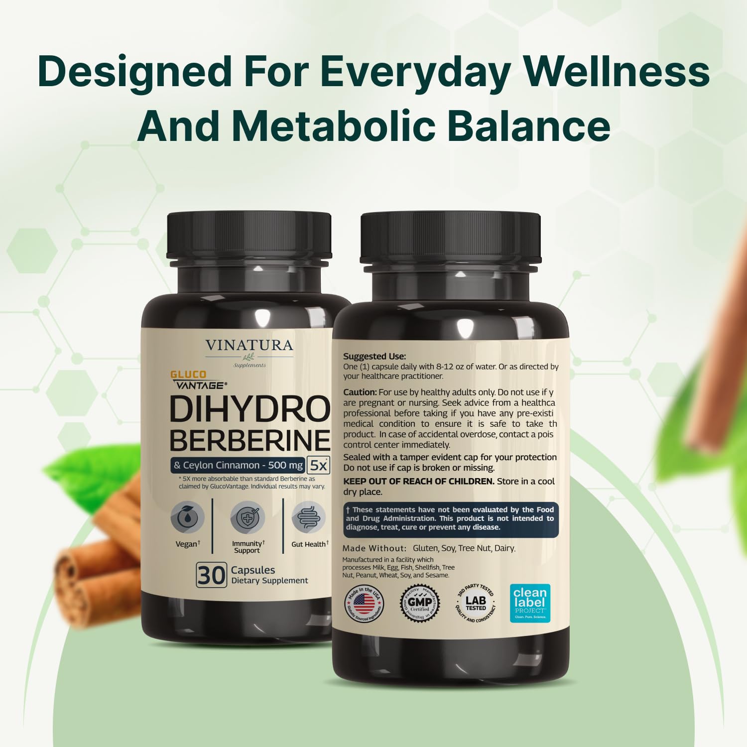 VINATURA Dihydroberberine Supplement with Ceylon Cinnamon, 500mg - (Patented GlucoVantage Super Berberine), Maybe Berberine 5X More absorbable - 30 Capsules — Amazon image 8