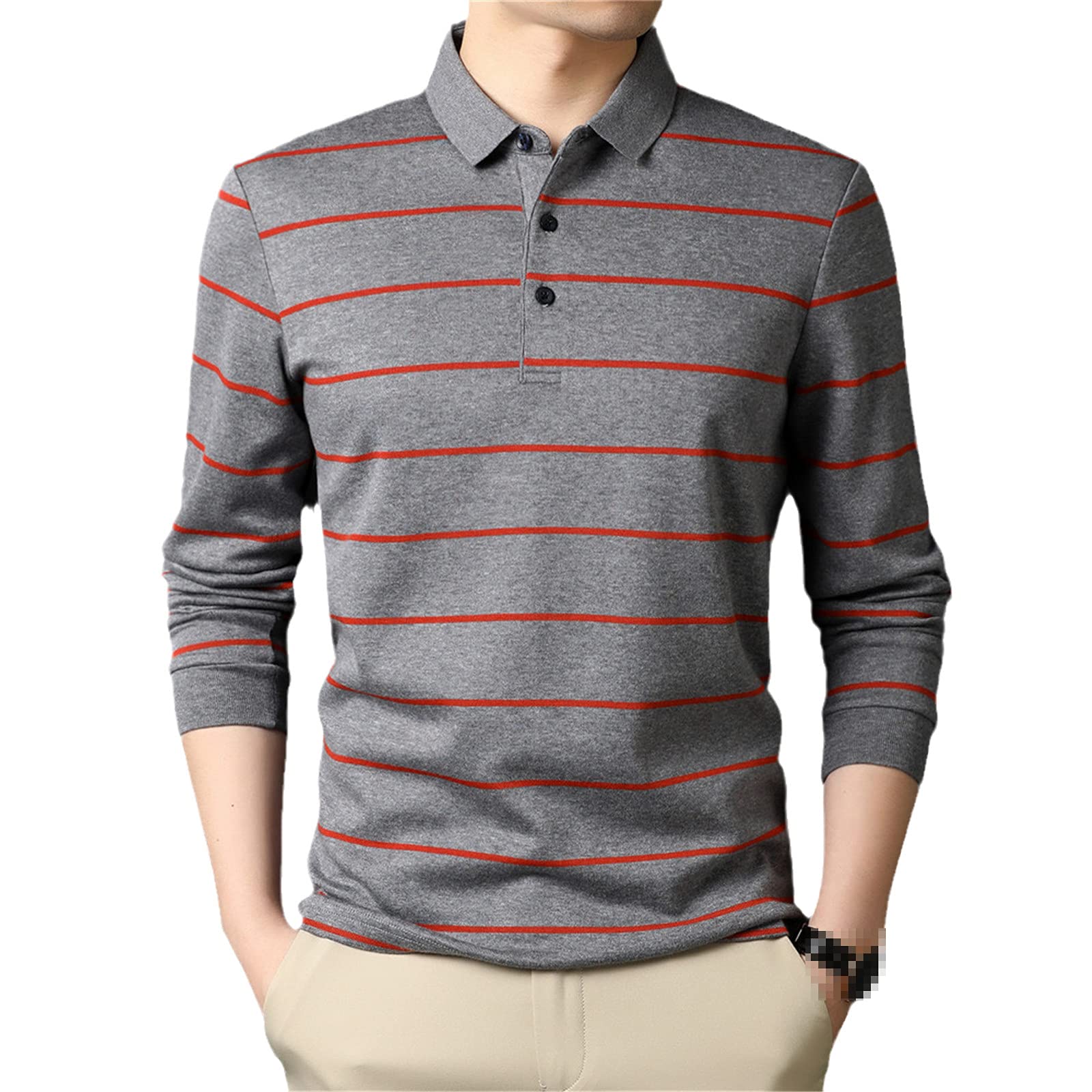 Herren Frühling Herbst Business Casual Klassisch Gestreifte Langarm Weiche Baumwolle Poloshirt Männer Kleidung, grau, XXL