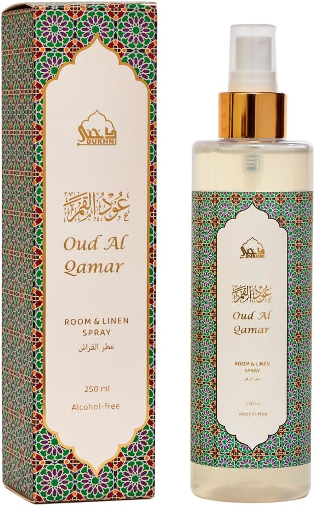 Oud Al Qamar Attar Al Faraash by Dukhni | 250ml Non Alcoholic Spray | Arabic Natural Mist | Air Freshener, Room Mist, Fabric & Linen Spray | Perfect for Prayer mats, beds, sofas, curtains | Halal