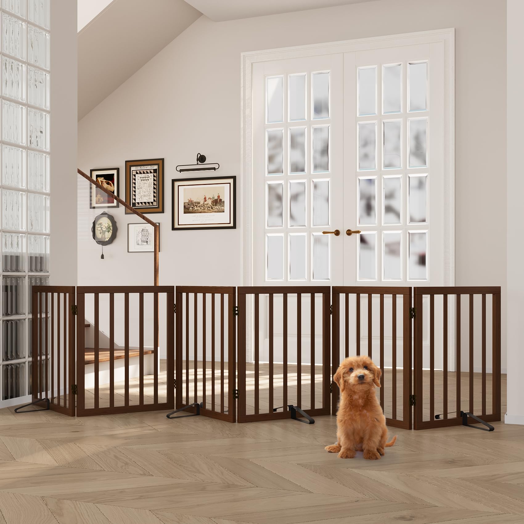 Semiocthome Bamboo Freestanding Dog Gates for Doorways, 2-Panel Indoor Puppy Gates for The House with 2 Metal Stands, 60cm(H) Folding Pet Gate for Stairs Expands Up to 94cm(W) Walnut — view 18