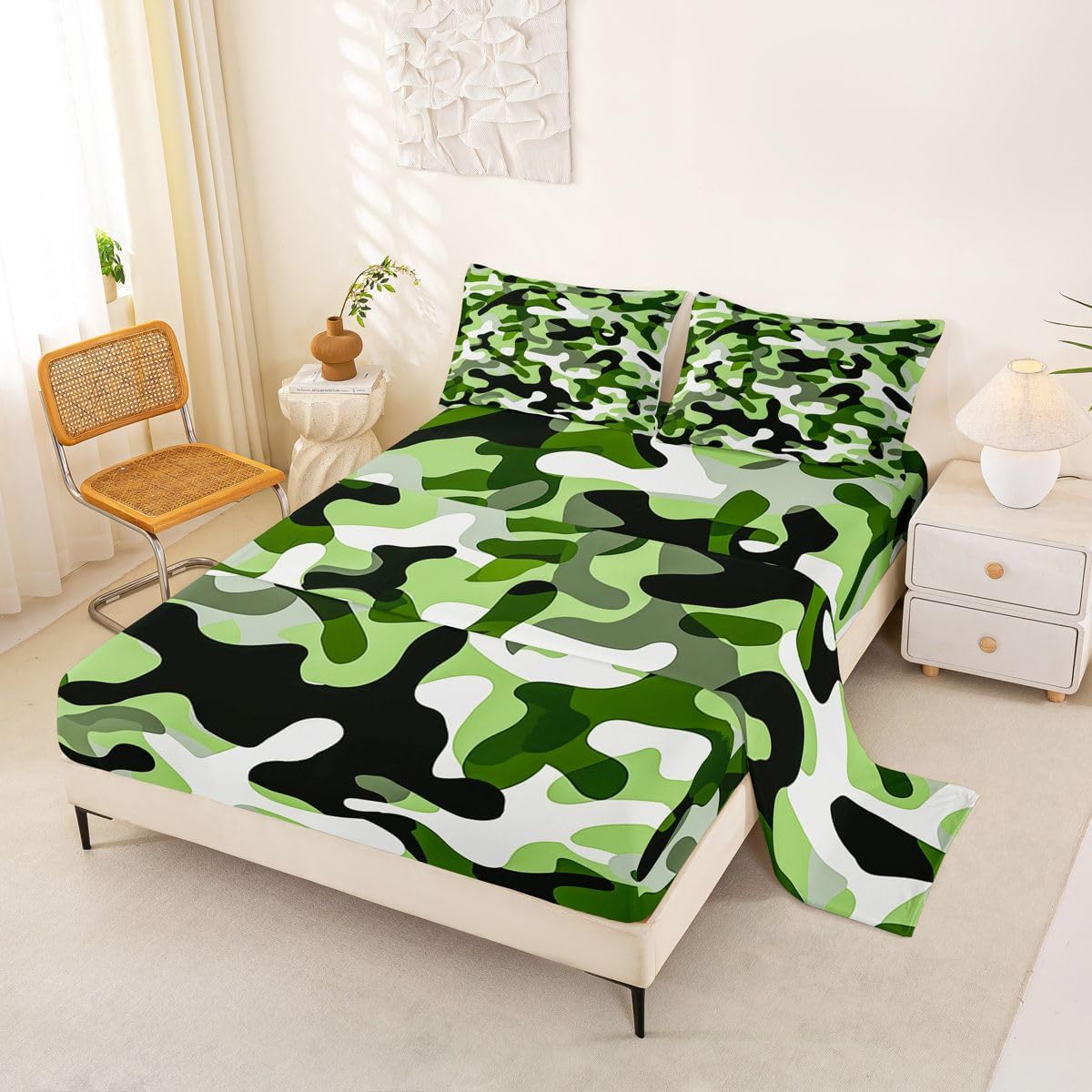 jejeloiu Camouflage Bed Sheets Set Twin Size Camo Bed Set for Kids Boys Girls Green Deep Pocket Fitted Sheet Military Style Breathable Soft Lightweight Microfiber