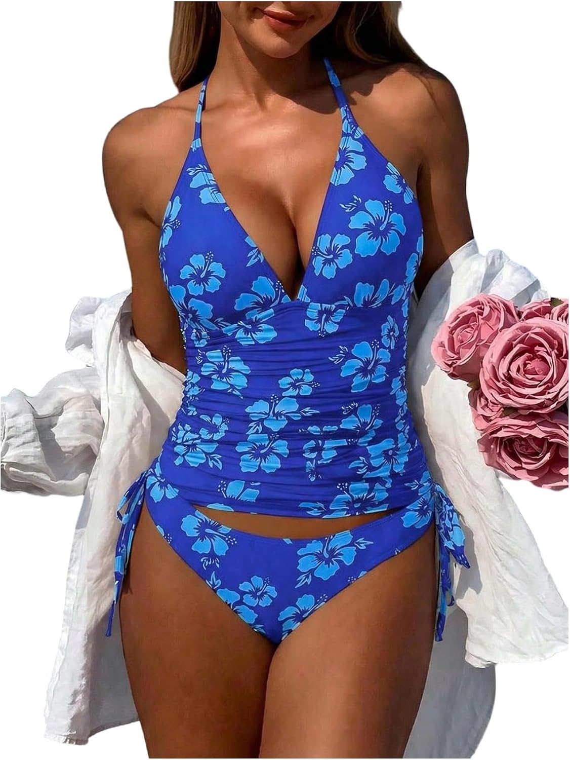 SHENHE Women's Floral Tankini Swimsuit Ruched Tummy Control Halter V Neck 2 Piece Bathing Suits
