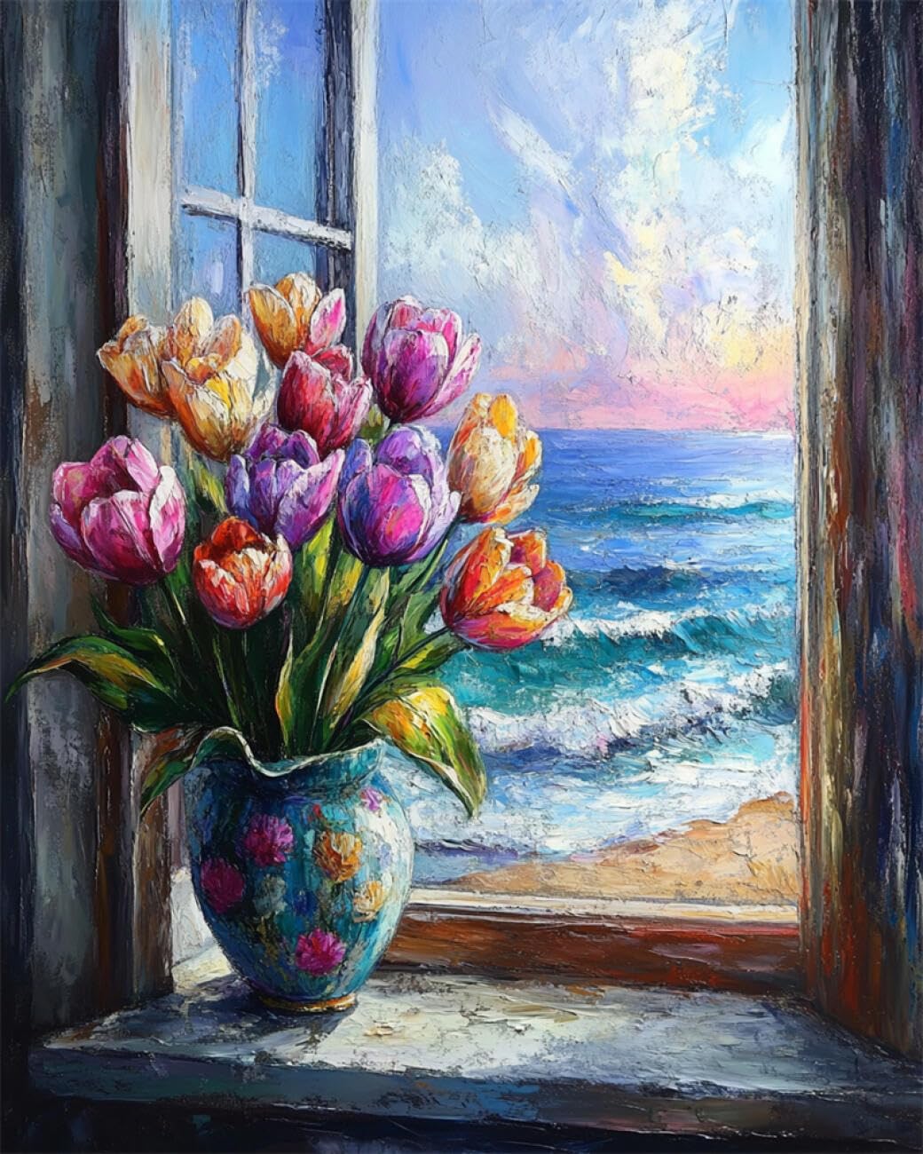 AMBATTERY Flowers DIY Bead Embroidery Kits Tulips By The Window Bead Embroidery Kit for Adults Needlepoint Tapestry Set Beaded Stitching 40x50cm