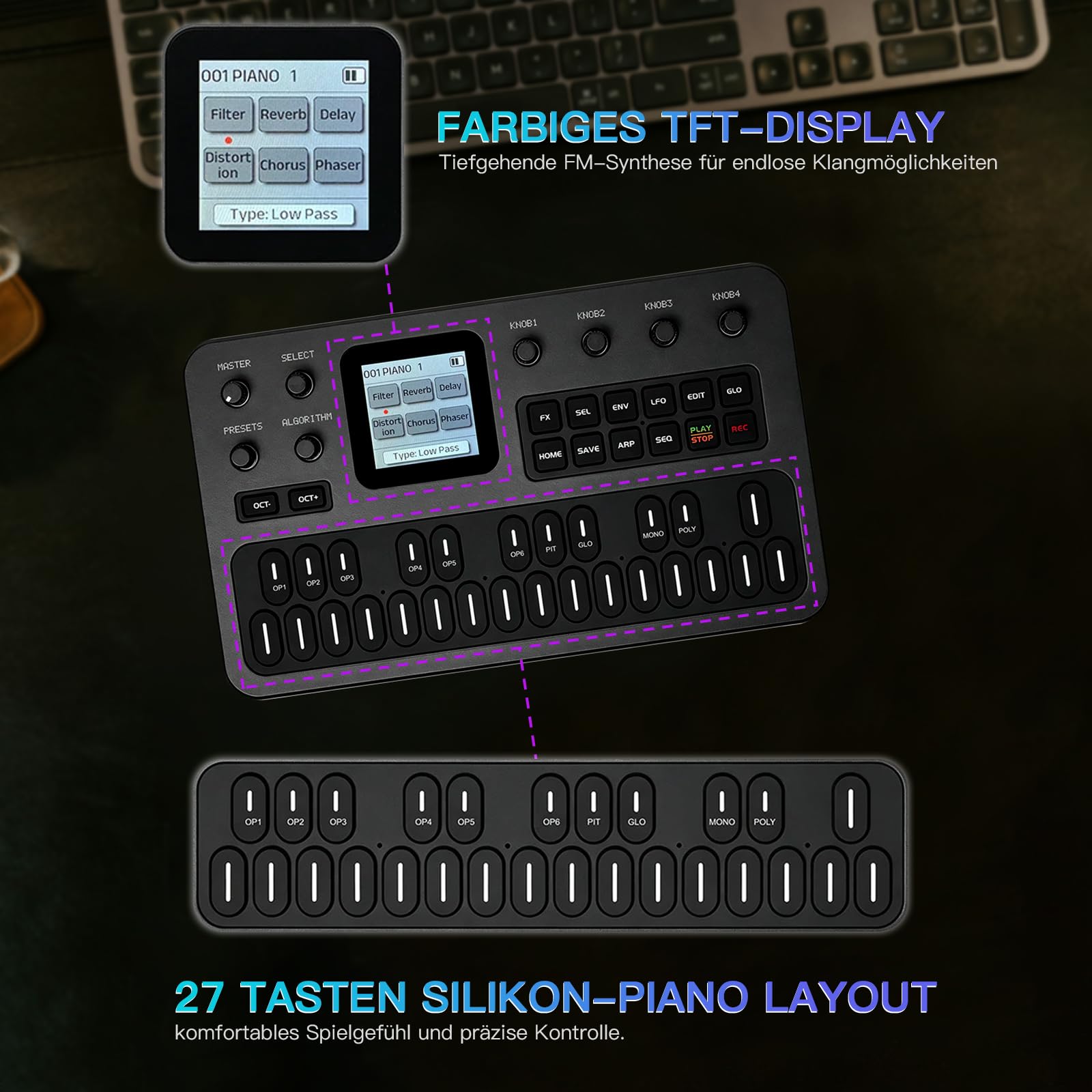 M-VAVE Synthétiseur FM portable avec 6 opérateurs, 32 algorithmes, 128 sons préréglés, clavier en silicone à 27 touches, 3 canaux MIDI, haut-parleur intégré, pour la création de musique