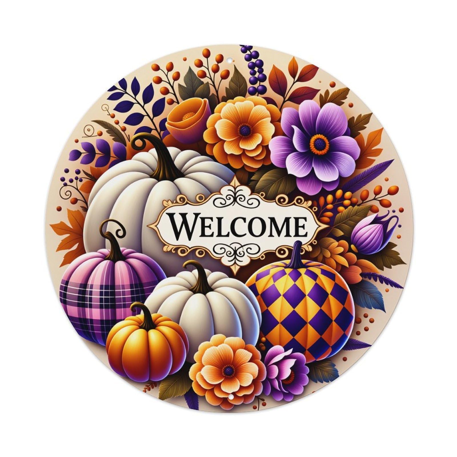 Autumn Harvest Welcome Pumpkins Flowers Metal Tin Sign Vintage Garden Bedroom Cafe Bar Man Cave Home Wall Decor Metal Poster 8x8 inches