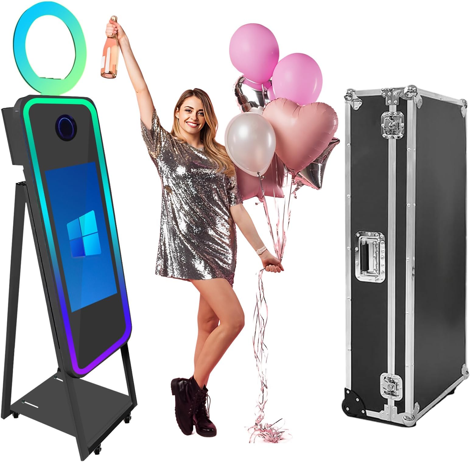 40 Inch Mirror Photo Booth Selfie LED Frame Portable Touch Screen Magic Mirror Booth Machine for Wedding Party Events (Black, 40 inch)