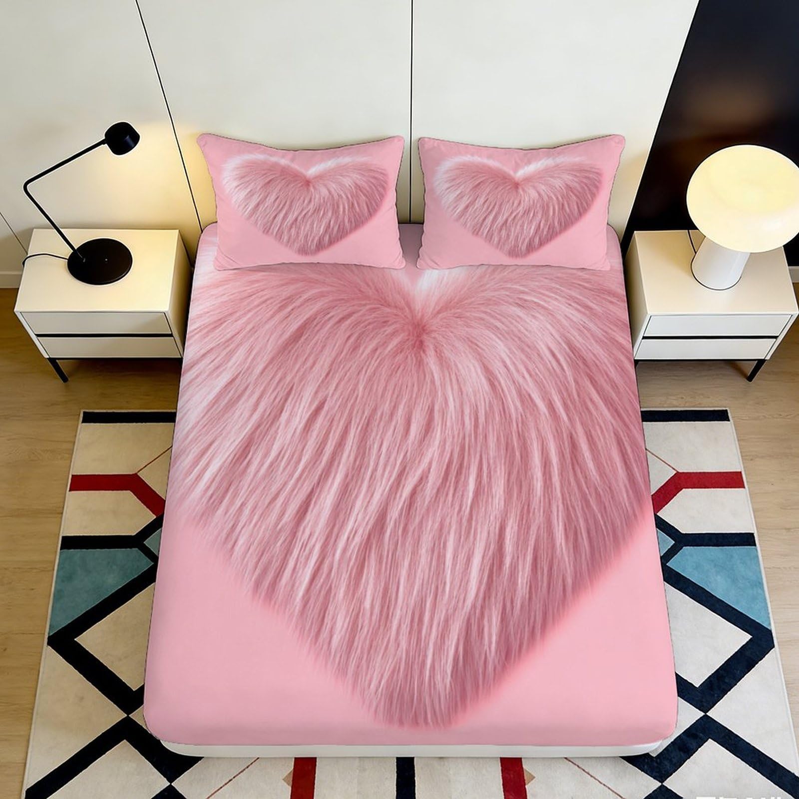 3D Printed Pink Fluffy Heart Fitted Sheet Microfiber Soft Breathable Heart Pattern Bed Sheet for Bedroom Dormitory Guest Room Mattress Protection 90x200x25cm