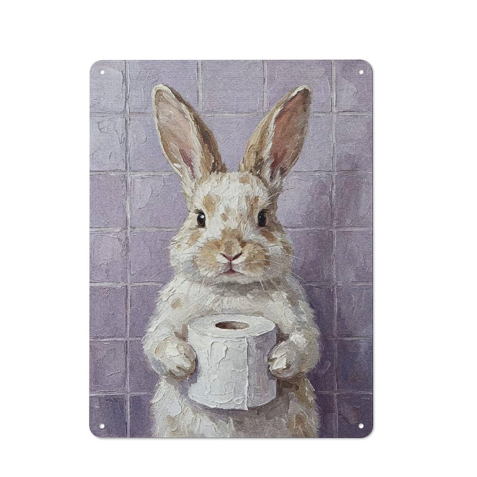 Bunny with Toilet Paper Painting Rustic Metal Wall Decor 40x30cm, Garden Room Metal Sign for Patio Bar, Workshop, Shed Or Kitchen