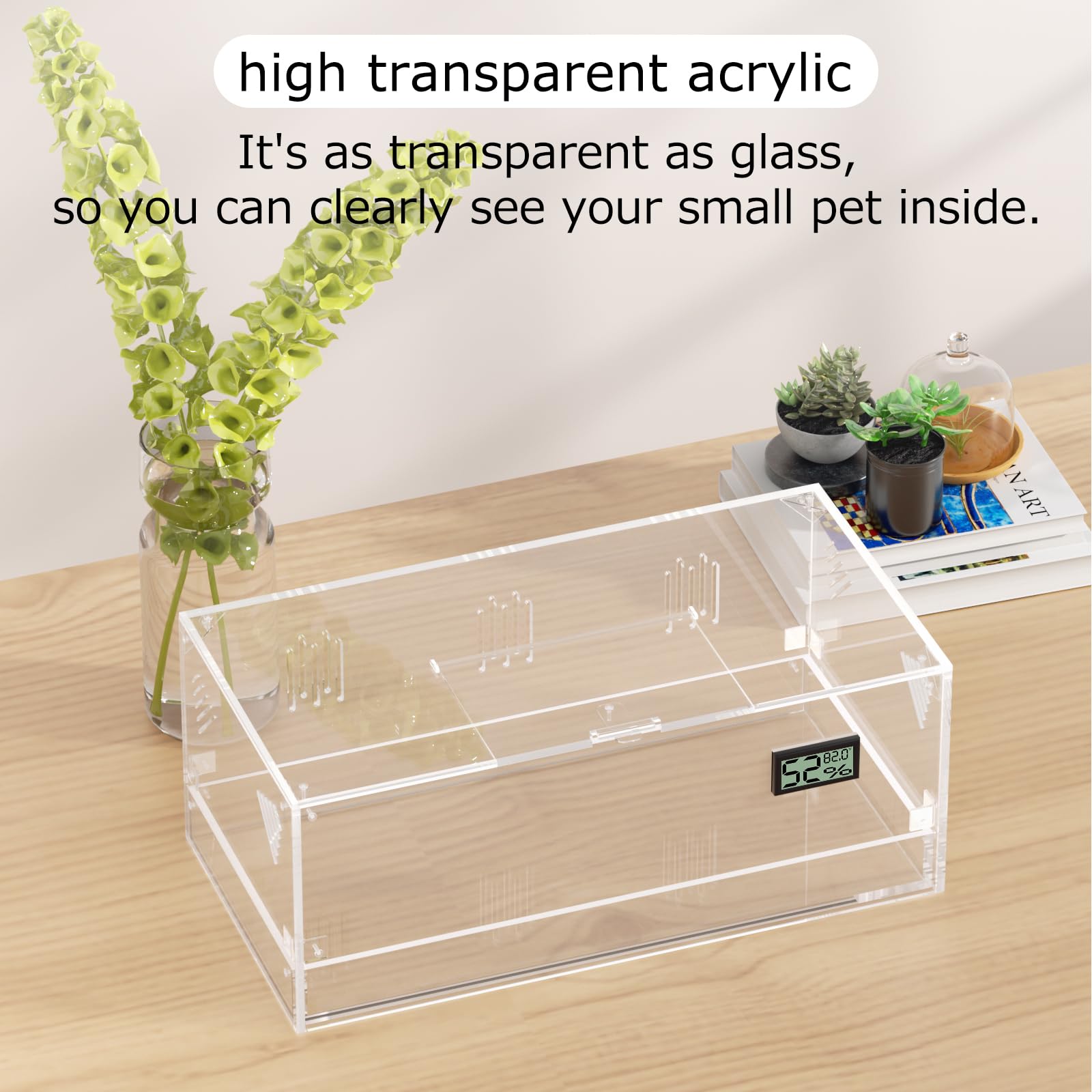 Tanque de terrario para reptiles, terrario de caracoles, grande, acrílico transparente, caja de alimentación para reptiles con higrómetro de temperatura, terario de arañas, caja de cría de