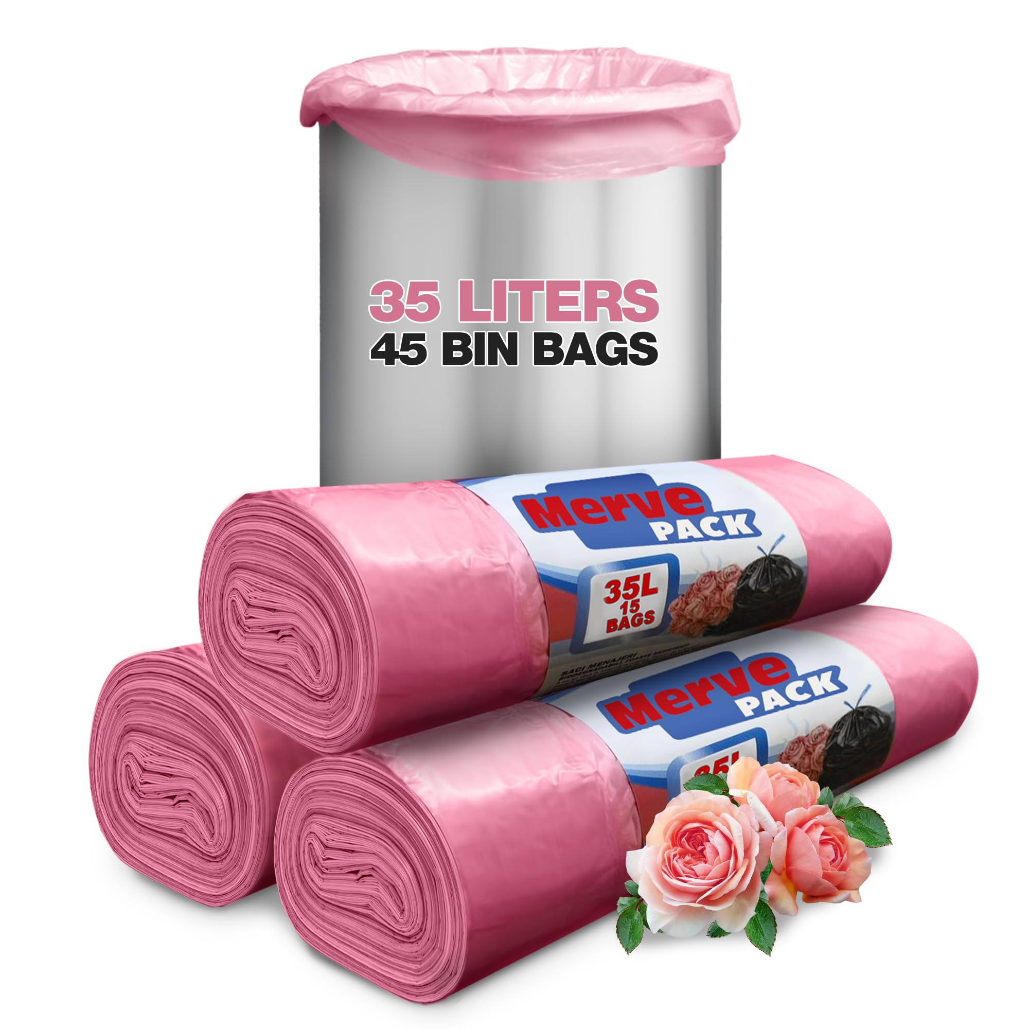 35L Rose Scented Bin Bags Counts 45 Bags, Bin Liners with Drawstring Trash Bags for Kitchen, Office and Bathroom, Small Pedal Bin Liners