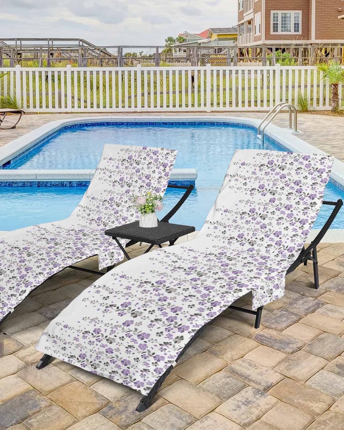 Purple Floral Beach Pool Patio Lounge Chaise Chair Cover Towel With Pockets,Absorbent & Quick Dry Microfiber Towel Cover Bag Summer Accessories for Sunbathing Summer Fall Grey Plant Floral White