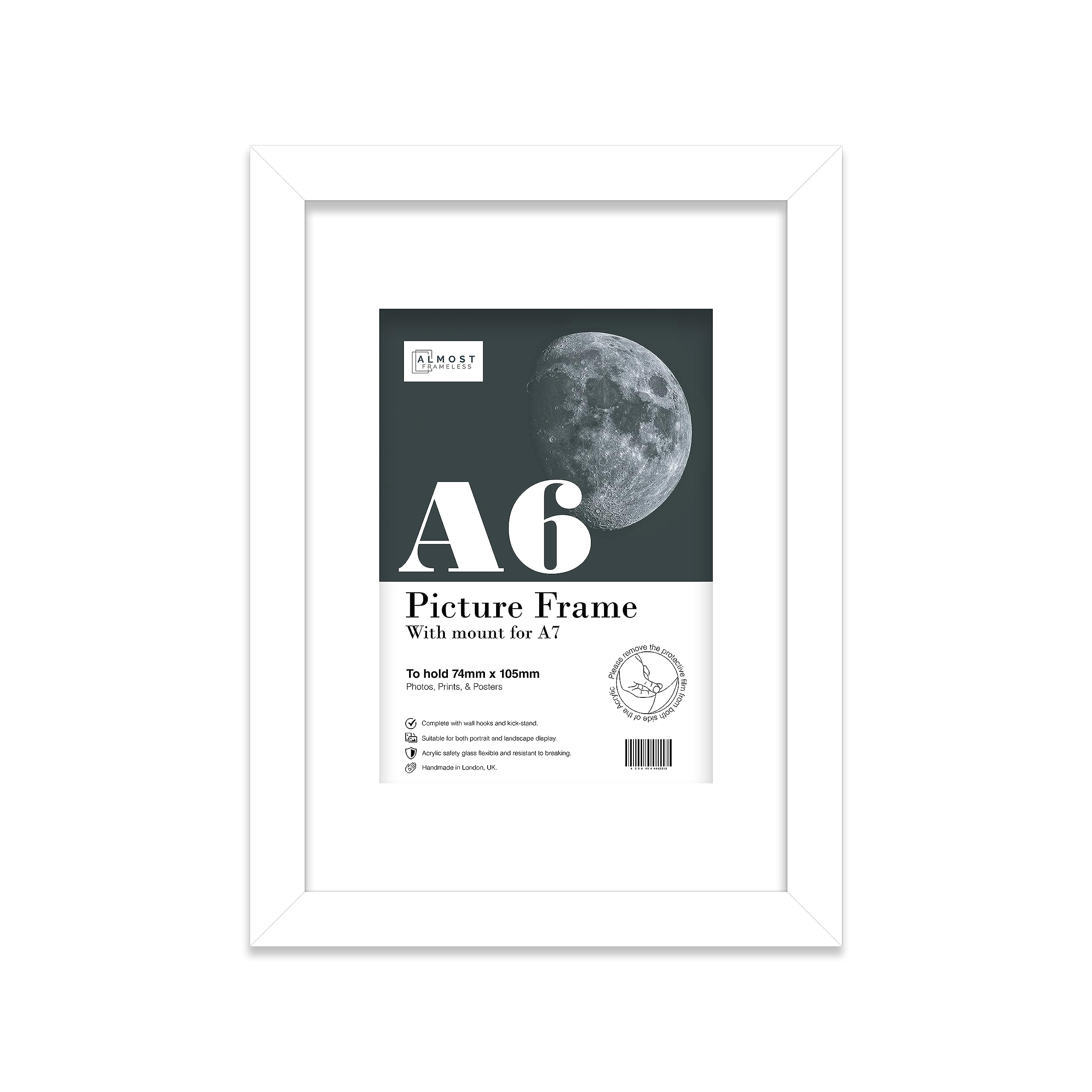Almost Frameless A6 White Picture Frame With Mount for A7 Print, Poster or Photo Poster, Photo, Artwork, or Print. Thin Edge Slim Frame Portrait and Landscape Display with Wall Hooks