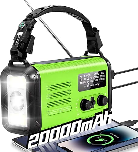 Miniatura 11 de Radio de emergencia de manivela, radio meteorológica de 20000 mAh / 74000 mWh con manivela solar, NOAA/AM/FM, radio alimentada por batería con