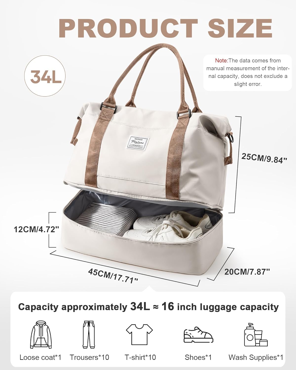 Travel Duffel Bag, 18x14x8 Inches Travel Bag Spirit with Shoes Compartment, Weekender Overnight Bag for Women with Trolley Sleeve, Carry On Bag for Airplanes Sport Tote Gym Bag BeigeBrown - Image 4